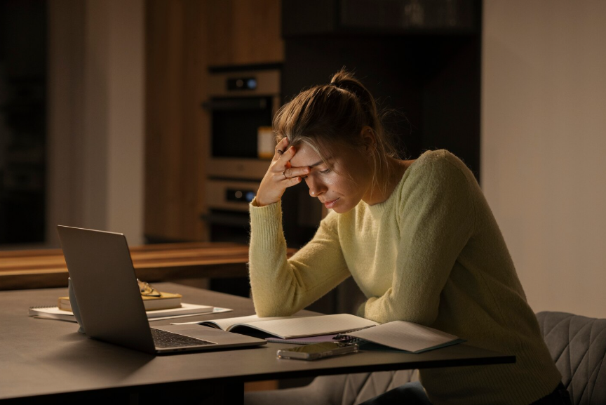 Person feeling exhausted while researching online, reflecting burnout symptoms searches.
