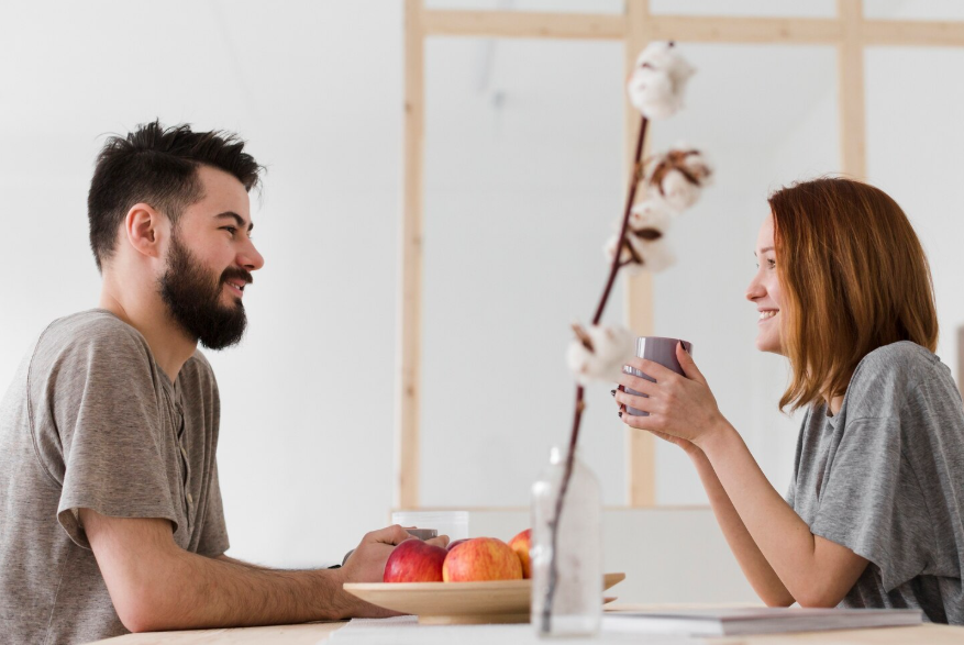 Relationship boundaries search trends reflected in calm, respectful conversation between man and woman.