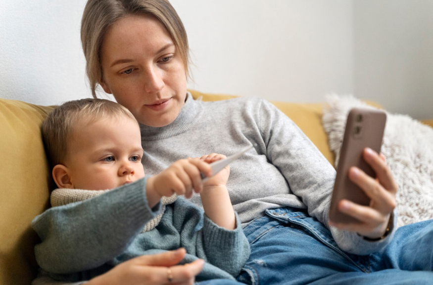 Parenthood search behavior shown as a parent checks information while caring for baby.